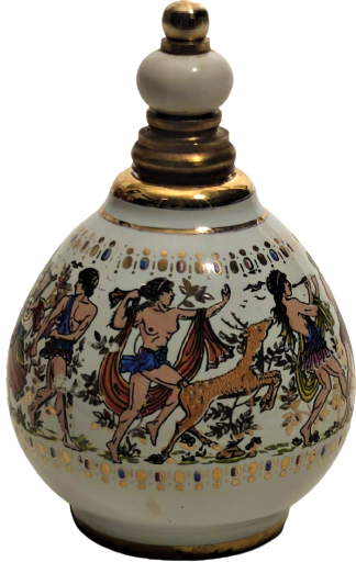 PORSELEN CUBUKLU KAPAK ÜZERİ EL CİZİM EGLENEN EROTİK ROMALILAR CİZİM  VE EL CEKME ALTIN İŞCİLİKLİ PARFÜM ŞİŞESİ