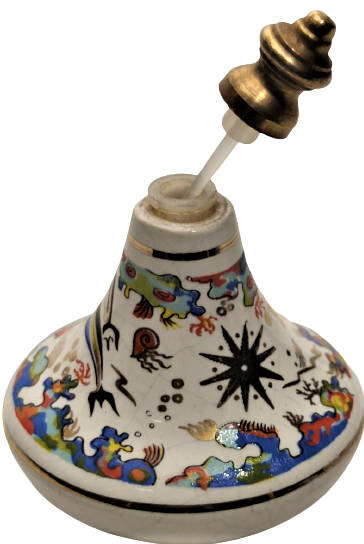 PORSELEN CUBUKLU KAPAK ÜZERİ EL CİZİM DENİZ CANLILARI YUNUSLAR RESMEDİLMİŞ VE EL CEKME ALTIN İŞCİLİKLİ KAPAKLI MİNYATÜR  PARFÜM ŞİŞESİ 