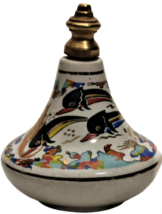 PORSELEN CUBUKLU KAPAK ÜZERİ EL CİZİM DENİZ CANLILARI YUNUSLAR RESMEDİLMİŞ VE EL CEKME ALTIN İŞCİLİKLİ KAPAKLI MİNYATÜR  PARFÜM ŞİŞESİ 