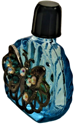 UCUK MAVİ KAPAKLI CAM ŞİŞE ÜZERİNDE KELEBEK KANATLARI TAŞ BEZELİ MİNYATÜR  PARFUM ŞİŞESİ