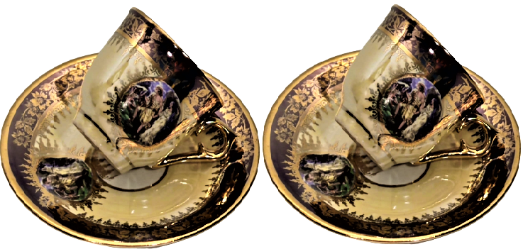 1960 ROYAL PORSELEN CİFT TIRYAKİ TÜRK TİPİ KAHVE FİNCANI DÖRT PARCA ÜZERİ RESİMLİ EL ALTIN CEKME İŞLEMELİ