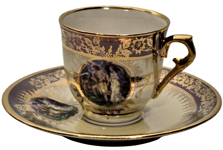 1960 ROYAL PORSELEN CİFT TIRYAKİ TÜRK TİPİ KAHVE FİNCANI DÖRT PARCA ÜZERİ RESİMLİ EL ALTIN CEKME İŞLEMELİ