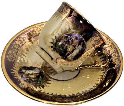 1960 ROYAL PORSELEN CİFT TIRYAKİ TÜRK TİPİ KAHVE FİNCANI DÖRT PARCA ÜZERİ RESİMLİ EL ALTIN CEKME İŞLEMELİ