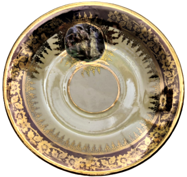 1960 ROYAL PORSELEN CİFT TIRYAKİ TÜRK TİPİ KAHVE FİNCANI DÖRT PARCA ÜZERİ RESİMLİ EL ALTIN CEKME İŞLEMELİ