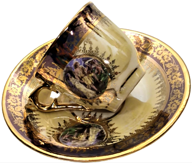 1960 ROYAL PORSELEN CİFT TIRYAKİ TÜRK TİPİ KAHVE FİNCANI DÖRT PARCA ÜZERİ RESİMLİ EL ALTIN CEKME İŞLEMELİ