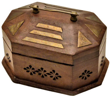 1970 MASİF PİRİNC KAKMA PLAKALARLA BEZELİ KULPLU TAŞINABİLİR KOKU KUTUSU