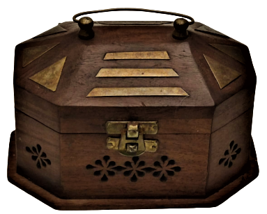 1970 MASİF PİRİNC KAKMA PLAKALARLA BEZELİ KULPLU TAŞINABİLİR KOKU KUTUSU