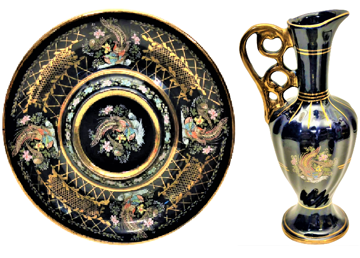 1980 VİNTAGE PORSELEN LEGEN İBRİK ALTIN EL CEKME DETAYLAR ÜZERİ RENKLİ KUŞLARLA BEZELİ MASA ÜZERİ İÇİN GÖRSELLİGİ MUKEMMEL DÜZENLENMİŞ