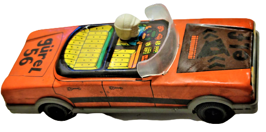 1980 YERLİ TENEKE OYUNCAK ARABA KIRMIZI SİYAH RENKDE GUREL 56 FORD YARIŞ ARABASI ELF YAG REKLAMLI SÜRÜCÜLÜ ÖN CAMLI ŞEFFAF SİPERLİKLİ