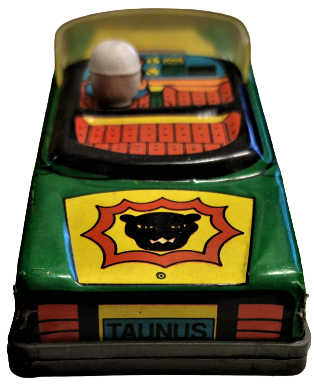 1980 YERLİ TENEKE OYUNCAK ARABA YEŞİL SARI RENKDE GUREL FORD YARIŞ ARABASI BATMEN REKLAMLI SÜRÜCÜLÜ ÖN CAMLI ŞEFFAF SİPERLİKLİ