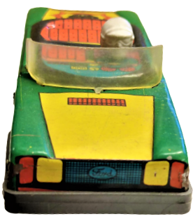 1980 YERLİ TENEKE OYUNCAK ARABA YEŞİL SARI RENKDE GUREL FORD YARIŞ ARABASI BATMEN REKLAMLI SÜRÜCÜLÜ ÖN CAMLI ŞEFFAF SİPERLİKLİ