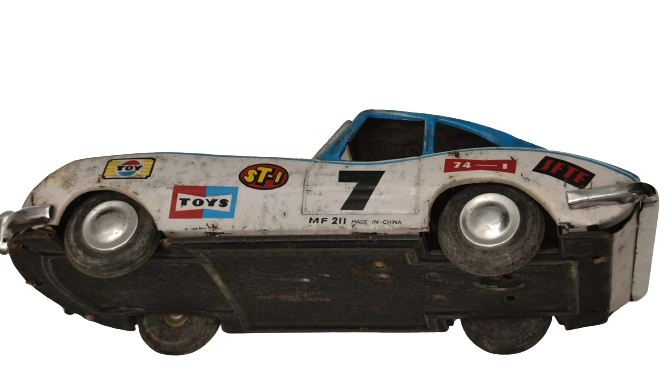 MF 211 TOYS JAGUAR CAR TENEKE SÜRTMELİ YARIŞ ARABASI  MAVİ BEYAZ KIRMIZI ŞERİTLİ ÜZERİ REKLAMLİ 