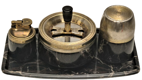 1970 VİNTAGE MASA UZERİ TEPSİ KAPAKLI SİGARALIK MEKANIK CAKMAK FIR FIRLI DÖNER KÜL TABLASI TAM TAKIM 