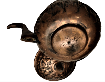 OSMANLI DÖGME BAKIR ÜZERİ KÖMPLE CİCEK İŞLEMELİRİYLE BEZELİ EL İŞCİLİKLİ USTA DAMGALI BAKIR KULPLU KAPAKLI  CAYDANLIK