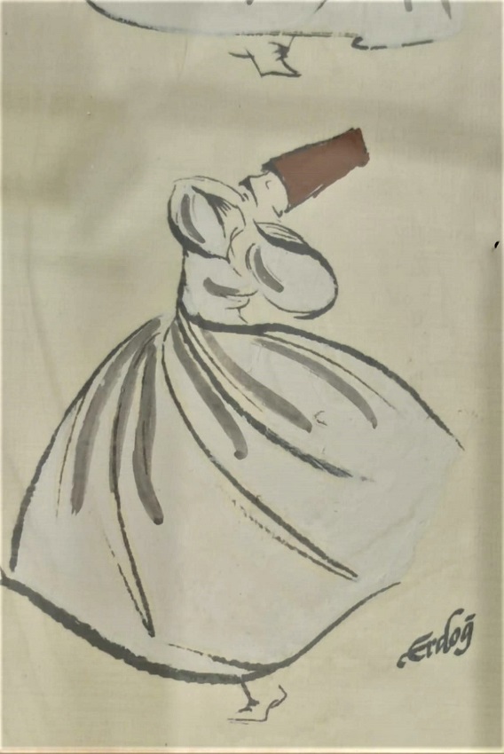 YAGLI BOYA ERDOG SANATCI İMZALI ÜCLÜ SEMA EDEN MEVLEVİLER