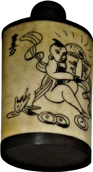 KEMİK VE TİK AGACINDAN EL İŞCİLİKLİ ÜZERİNDE GEYŞA KADIN RESMEDİLMİŞ İMZALI KAPAK CUBUKLU MİNYATÜR PARFUM ŞİŞESİ