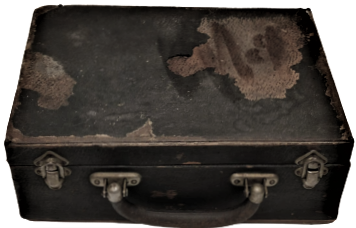 1930 SİYAH RENKLİ DESENLİ KAGIL KAPLI TAHTA DOKTOR MUAYNE CANTAS METAL TAŞIMA KULPLU  İKİ ADET METAL KİLİT SİSTEMLİ  DOKTOR CANTASI