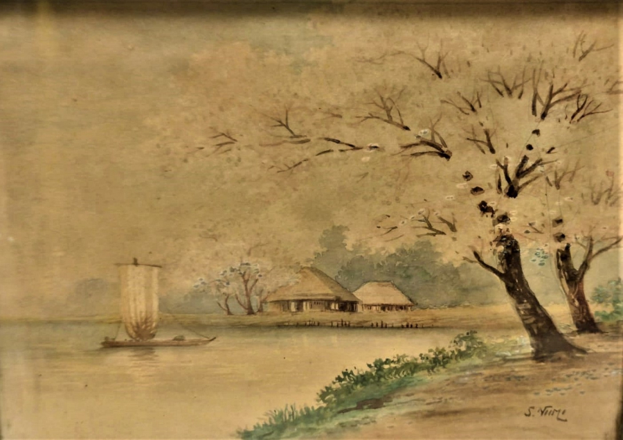 1920 OSMANLI CONSTANTINOPLE MAX FRUCHTERMANN YUKSEK KALDIRIM GALATA  ETİKETLİ JAPON SANATCI SULUBOYA RESİM İMZALI S. NİİMİ ORJİNAL AHŞAP KENDİ CERCEVESİNDE 