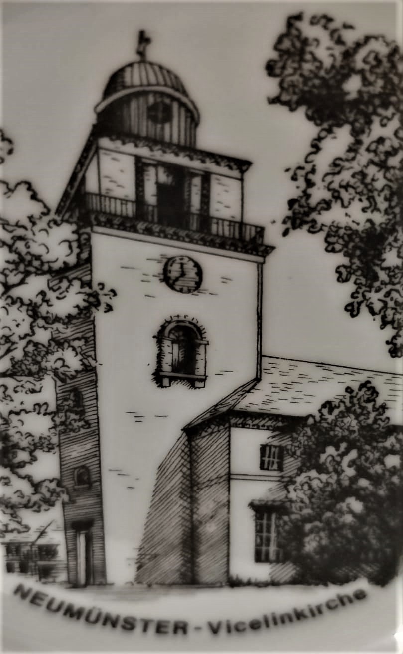  1950 GERMANY BEYAZ PORSELEN DUVAR TABAGI NEUMÜNSTER-VİCELİNKİRCHE  GÖRSELLİ SİYAH BEYAZ OLARAK YAPILMIŞ