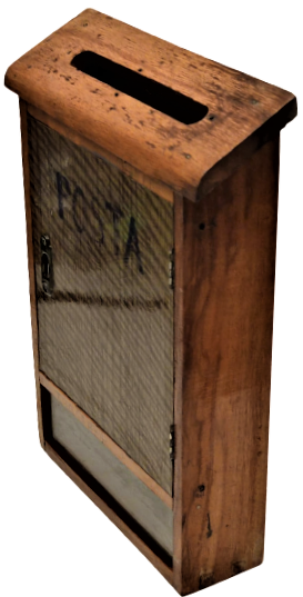 1950 AHŞAP KİLİTLİ POSTA KUTUSU KIRLANGIC GECME EL YAPIM KİLİTLİ İÇİ CAM KISMINDAN GÖRÜNEN ÖNÜ FORMİKA KAPLAMA