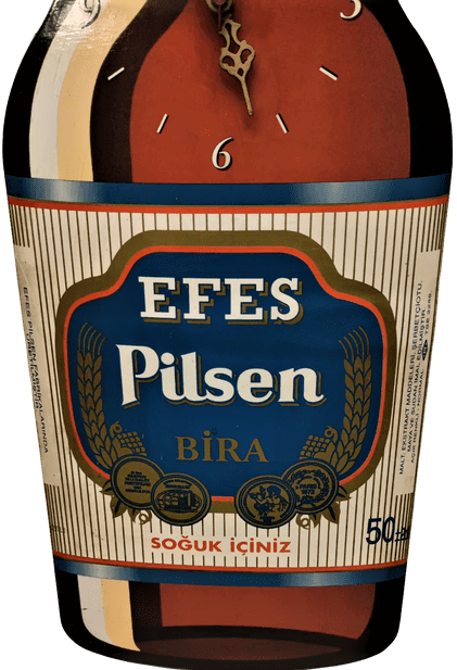EFES PİLSEN ŞİŞESİ ŞEKLİNDE KARTONDAN BİRA REKLAMLI QUARZT DUVAR ZAMAN SAATİ