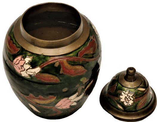 1970 PİRİNC ÜZERİ SOUK MİNELİ EL BYAMA İŞCİLİKLİ YEŞİL ZEMİNE  KARANFİLLER VE YAPRAKLAR KAPAKLI KÜP 