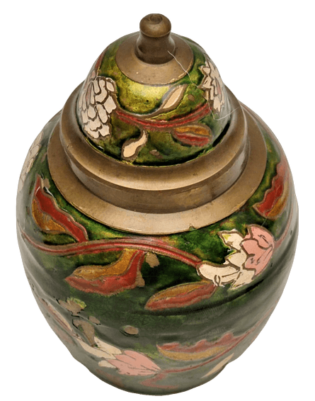 1970 PİRİNC ÜZERİ SOUK MİNELİ EL BYAMA İŞCİLİKLİ YEŞİL ZEMİNE  KARANFİLLER VE YAPRAKLAR KAPAKLI KÜP 