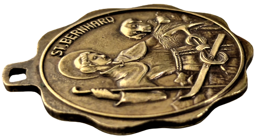 ST.BERNHARD KOPEK  VE BAKICISI TEMALI SICAK MİNELİ BRONZ MADALYA 4 CM CAPINDA