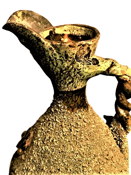 OSMANLI ÇANAKKALE YEŞİL VE KAHVERENK TONLARDA  EL İŞİ KUMLAMA TEKNİĞİYLE YAPILMIŞ BURGULU SAPLI  SU TESTİ. 