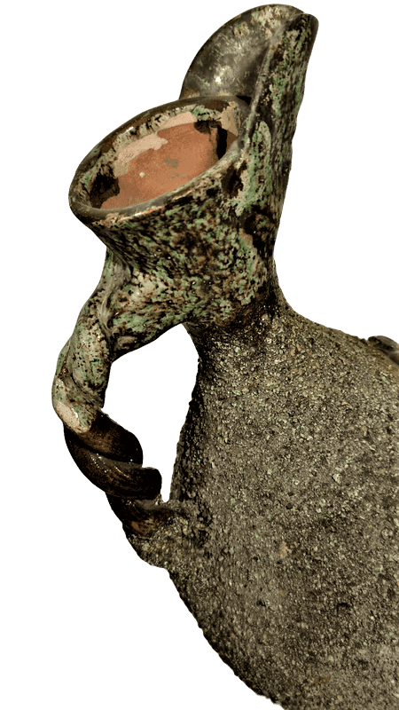 OSMANLI ÇANAKKALE YEŞİL VE KAHVERENK TONLARDA  EL İŞİ KUMLAMA TEKNİĞİYLE YAPILMIŞ BURGULU SAPLI  SU TESTİ. 