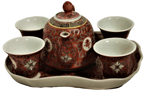 1960 PORSELEN  CİN CAT KULTURU TAM TAKIM CAY TAKIMI TEPSİ KAPAKLI DEMLİK DÖRT ADET CAY İÇİM  BARDAGI