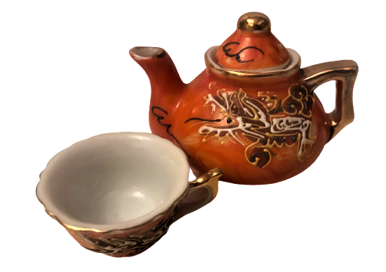 JAPON NAKASIMA MİNELİ PORSELEN TAMAMI KOMPLE EL YAPIMI CAY KÜLTÜRÜ UFAK BOY DEMLİK VE FİNCAN ORJİNAL KENDİ STANDINDA