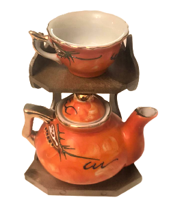 JAPON NAKASIMA MİNELİ PORSELEN TAMAMI KOMPLE EL YAPIMI CAY KÜLTÜRÜ UFAK BOY DEMLİK VE FİNCAN ORJİNAL KENDİ STANDINDA