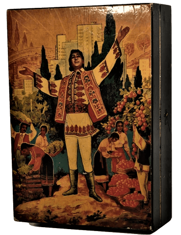 AHŞAP KAPAKLI MÜCEVHER SAKLAMA KUTUSU İÇERSİ KADİFE ÜZERİ LAKE RESİMLİ