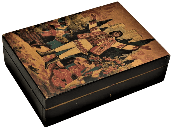 AHŞAP KAPAKLI MÜCEVHER SAKLAMA KUTUSU İÇERSİ KADİFE ÜZERİ LAKE RESİMLİ