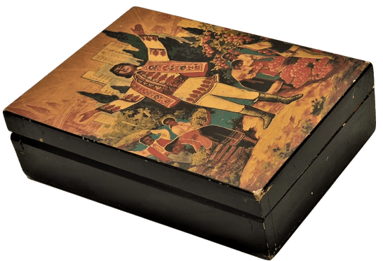 AHŞAP KAPAKLI MÜCEVHER SAKLAMA KUTUSU İÇERSİ KADİFE ÜZERİ LAKE RESİMLİ