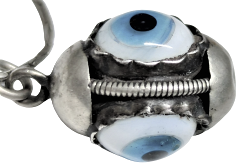 OSMANLI DÜŞÜK AYAR  GÜMÜŞ EL YAPIMI ÜC GÖZ  ÜFLEME CAM BONCUKLU NAZARLIK ZİNCİRLİ KOLYE 