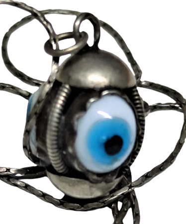 OSMANLI DÜŞÜK AYAR  GÜMÜŞ EL YAPIMI ÜC GÖZ  ÜFLEME CAM BONCUKLU NAZARLIK ZİNCİRLİ KOLYE 