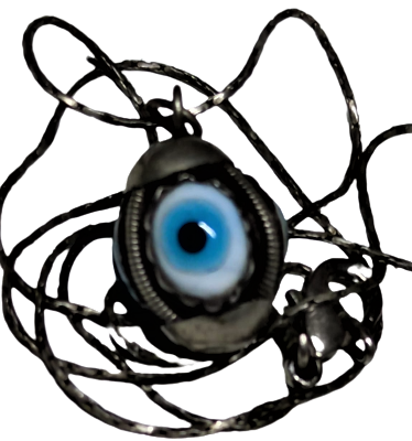 OSMANLI DÜŞÜK AYAR  GÜMÜŞ EL YAPIMI ÜC GÖZ  ÜFLEME CAM BONCUKLU NAZARLIK ZİNCİRLİ KOLYE 