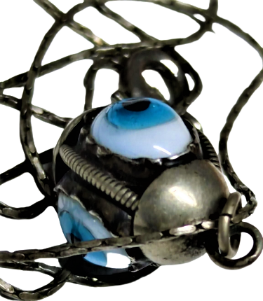 OSMANLI DÜŞÜK AYAR  GÜMÜŞ EL YAPIMI ÜC GÖZ  ÜFLEME CAM BONCUKLU NAZARLIK ZİNCİRLİ KOLYE 