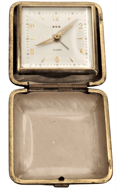 1950 SEYEHAT BAŞUCU SAATİ KURMALI MEKANİK FOSFORLU KADRAN ALMAN MALI KUTU DIŞI KAHVERENGİ DERİ KAPLAMA