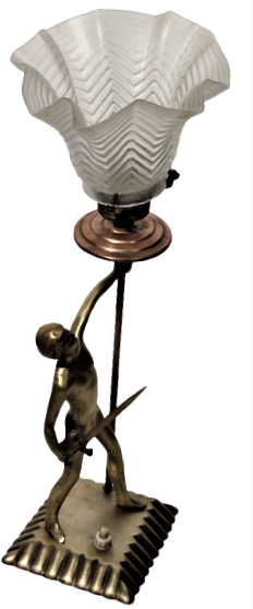 OSMANLI PİRİNC BİR ELİNDE KILIC BİR ELİNDE MEŞALE TUTAN ÖZGÜRLÜK SİMGESİ MARUL CAMLI MASA LAMBASI