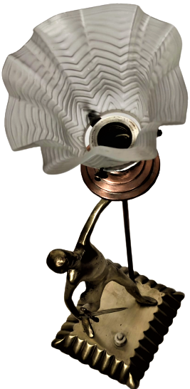 OSMANLI PİRİNC BİR ELİNDE KILIC BİR ELİNDE MEŞALE TUTAN ÖZGÜRLÜK SİMGESİ MARUL CAMLI MASA LAMBASI