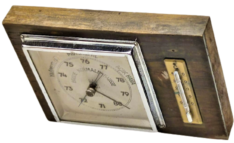 MANUEL İBRELİ BAROMETRE TERMOMETRE CIVALI DERECE AHŞAP KAIDE ÜZERİNDE CİFT DİLDE KADRAN