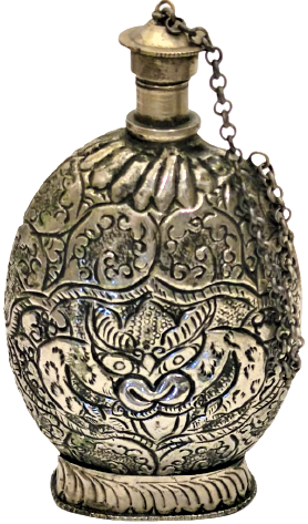 1940 AVRUPA ÜZERİ KOMLE EL İŞİ KABARTMA İŞLEMELİ CEVİRME KAPAKLI GÜMÜŞ KAPLAMA PİRİNC BARUTLUK