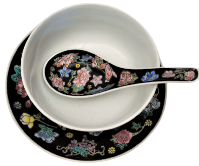 CİN CORBA TAKIMI PORSELEN ÜZERİ CİCEKLİ ALT TABAK KASE KAŞIK TOPLAM ÜC PARCA