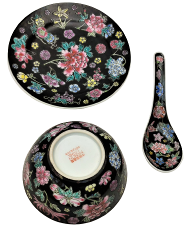 CİN CORBA TAKIMI PORSELEN ÜZERİ CİCEKLİ ALT TABAK KASE KAŞIK TOPLAM ÜC PARCA