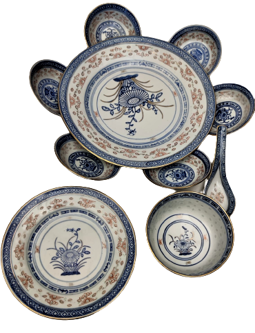 CİN YEMEK KÜLTÜRÜ CORBA SERVİS TAKIMI PORSELEN ÜZERİ CİN CİCEKLİ ON PARCA