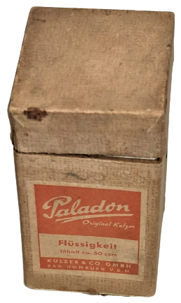 1940 KARTON BASKILI KUTUSUNDA BAKALIT KAPAKLI KAHVERENGİ CAM ŞİŞE PALADON ORJINAL FLÜSSİGKEİT PROTEZ İLACI