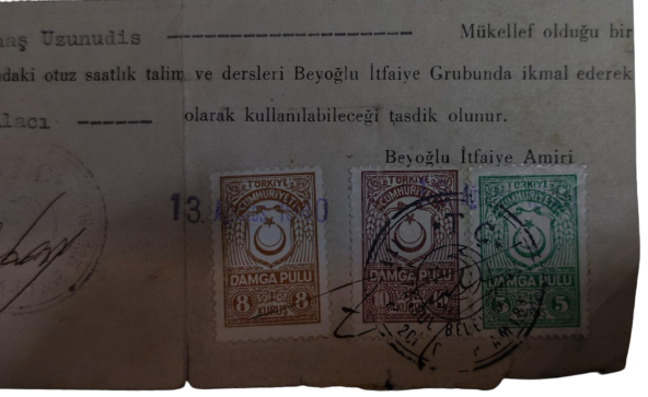 1942 İSTANBUL BELEDİYESİ İTFAİYE MÜDÜRLÜĞÜ BEYOGLU GURUBU AMİRLİGİ ALAC KULLANMA BELGESİ TANAŞ UZUNUDİŞ